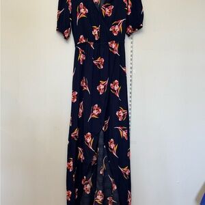 Express Floral Maxi Dress Navy Pink Short Sleeve Slit Dress Women’s Small